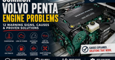 Technician diagnosing common Volvo Penta engine problems on marine diesel engine.”