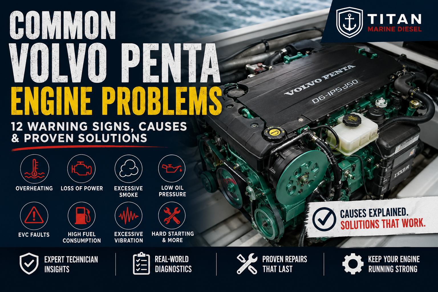 Technician diagnosing common Volvo Penta engine problems on marine diesel engine.”