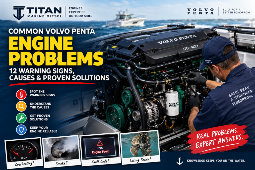 Common Volvo Penta Engine Problems: 12 Warning Signs, Causes & Proven Solutions Technician diagnosing common Volvo Penta engine problems on marine diesel engine.
