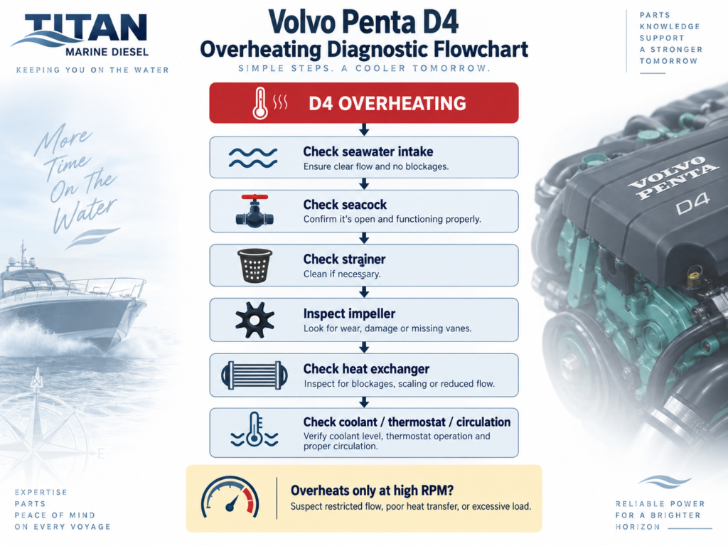 Volvo Penta D4 Problems - Common Failures, Warning Signs & Solutions Owners Should Know Volvo Penta D4 overheating troubleshooting flowchart seawater impeller heat exchanger