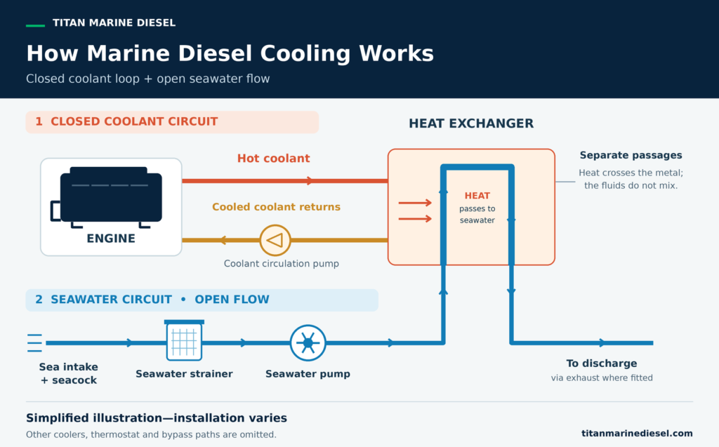 Volvo Penta D6 Problems – Common Faults, Symptoms & Solutions Before They Get Expensive Simplified marine diesel cooling diagram showing heat transfer between separate coolant and seawater circuits