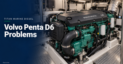 llustration of a Volvo Penta D6-style marine engine in a clean yacht engine room, with Titan Marine Diesel branding.