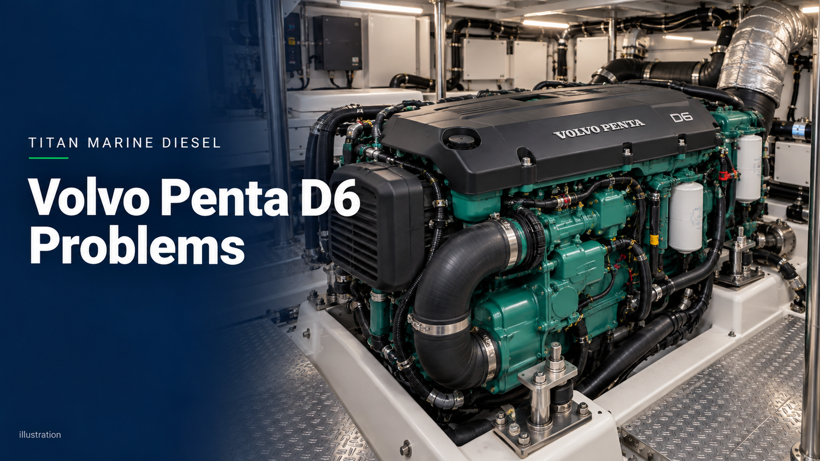 llustration of a Volvo Penta D6-style marine engine in a clean yacht engine room, with Titan Marine Diesel branding.